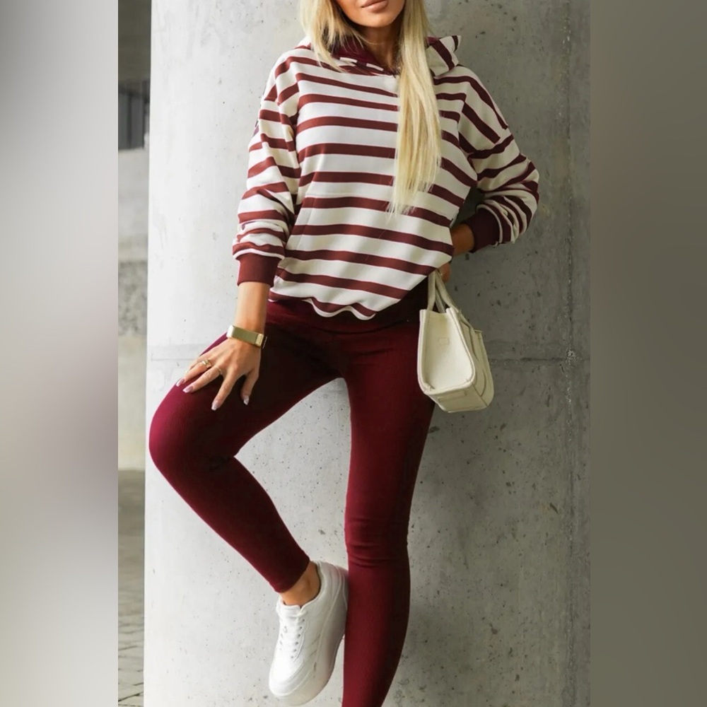 Source Unknown Burgundy Skinny Pants with Striped Hoodie